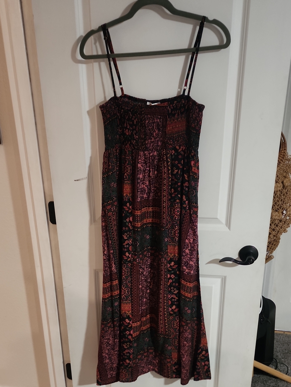 Smocked Bohemian Midi Dress in Burgundy and Forest Green